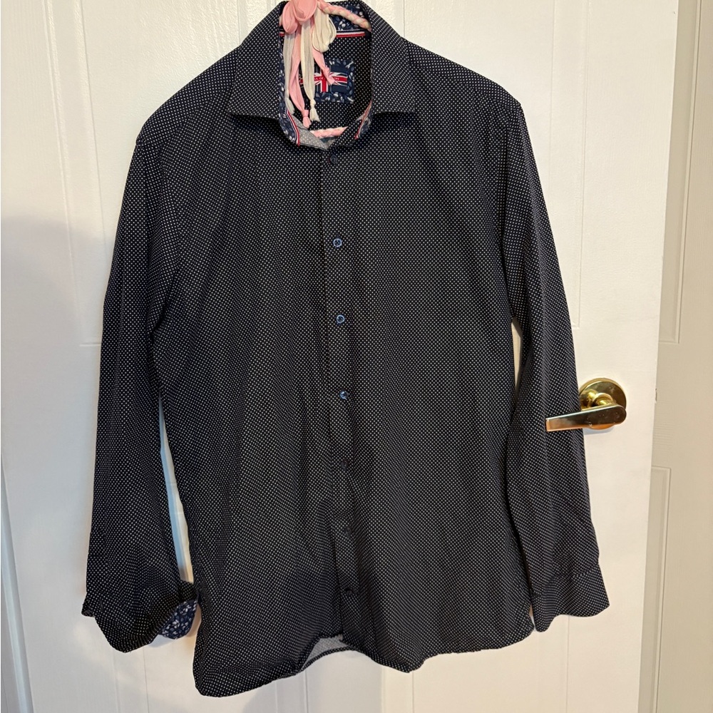 Navy and White Polka Dot Button-Up Shirt